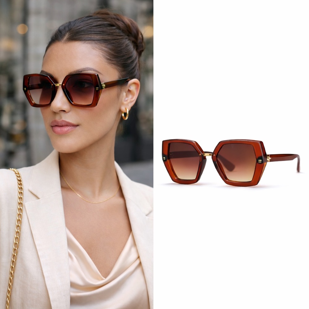 Oversized Geometric Hexagon Brown Sunglasses | Retro Gradient Lens